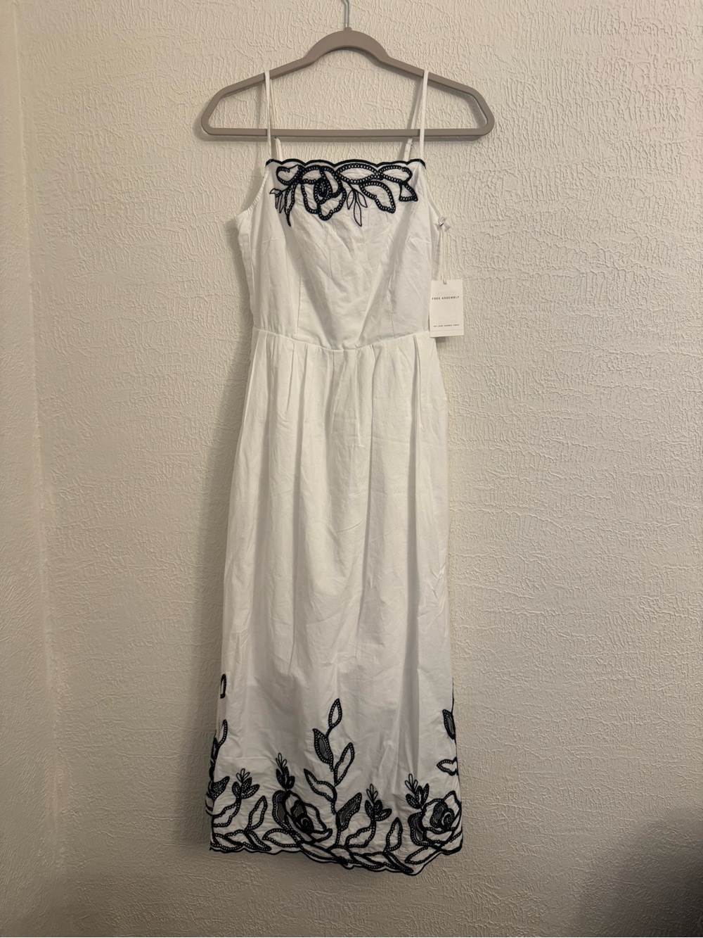 White Midi Sundress with Black Floral Embroidery